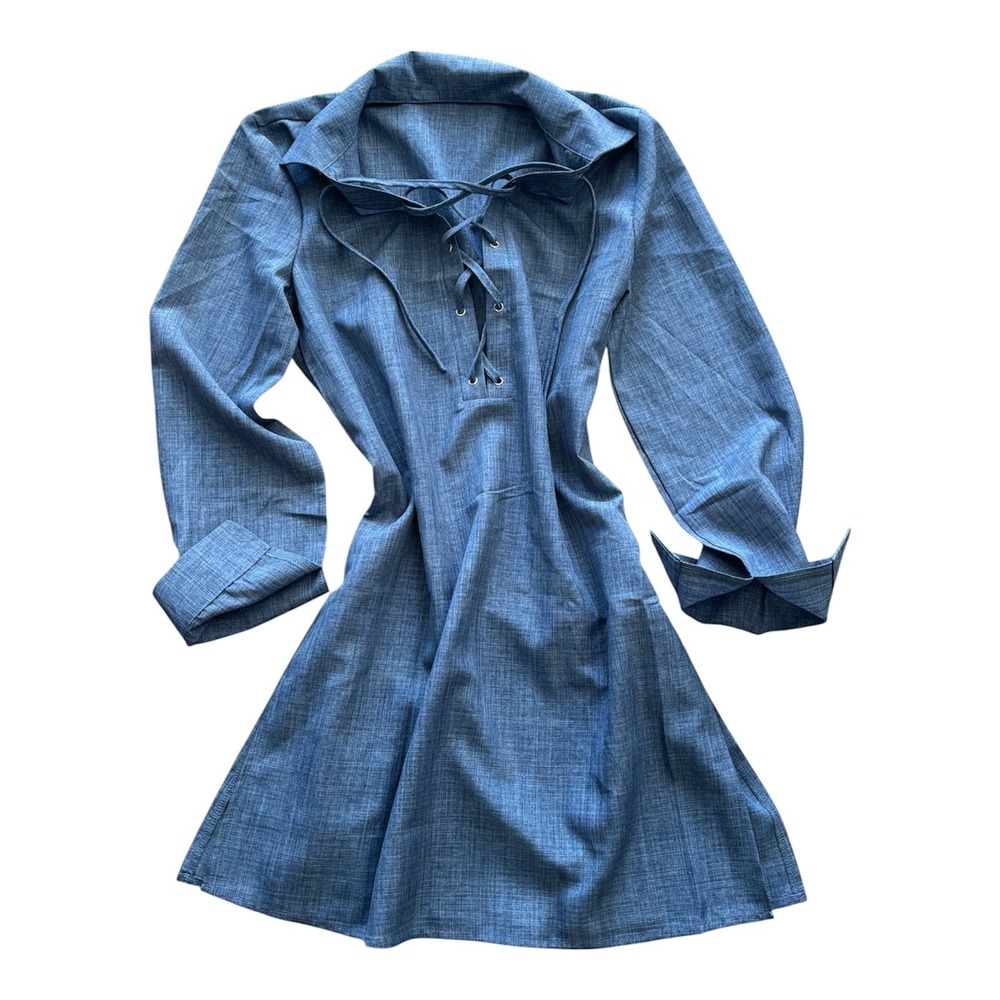 Women's‎ Shein Plunging Drawstring Neck Dress Long Sleeve Blue Size Small